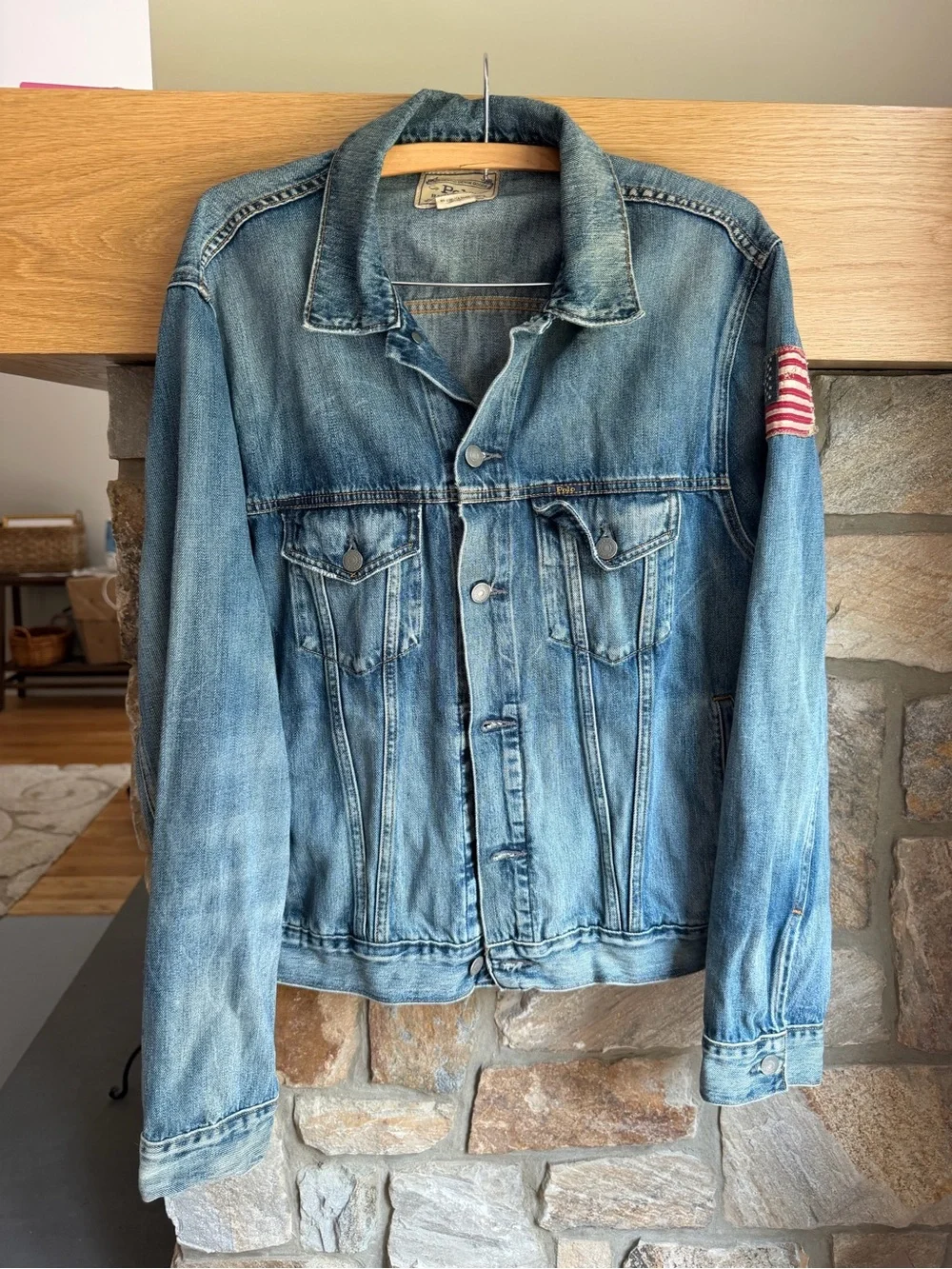 Polo Ralph Lauren Denim Jacket With American Flag Arm Patch Men’s L